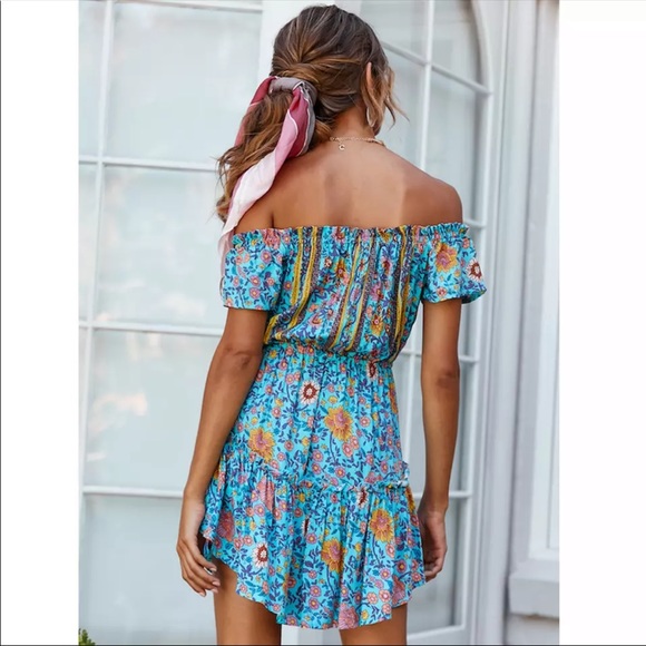 Off the Shoulder Tiered Boho Floral Print Dress - Picture 3 of 6